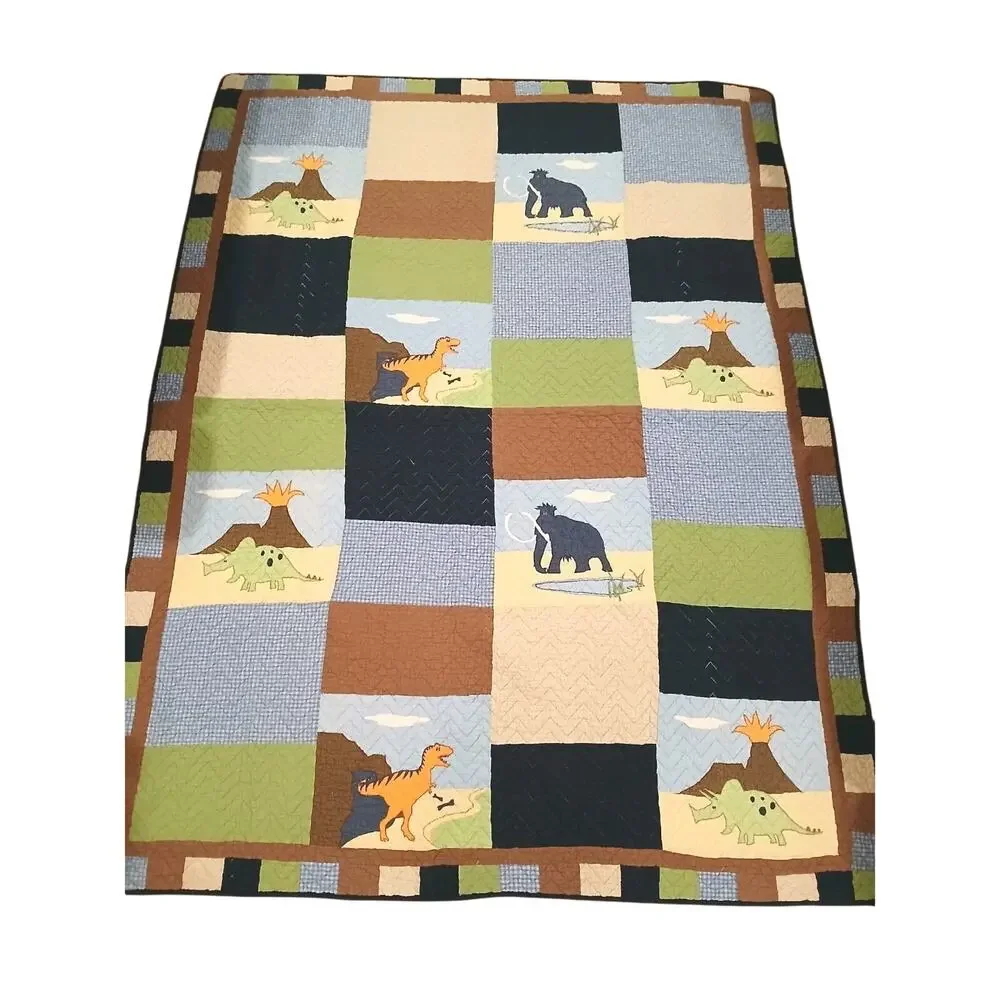 RARE Pottery Barn Dinosaur QUEEN Quilt Blanket Colorful Pop Art Patchwork Vintag